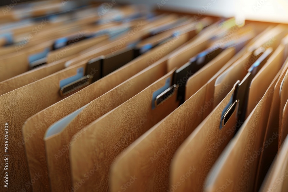 Poster rows of files are stored in filing cabinets, showcasing organization and document management