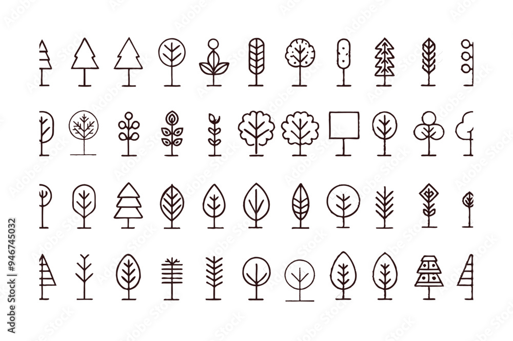 Wall mural set of minimal linear trees vector icon.