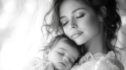 tender moment between a radiant new mother and her peacefully sleeping newborn bathed in soft warm light streaming through gossamer curtains