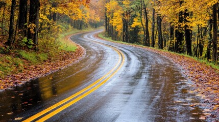 Obraz premium Winding Road Through Autumn Forest After Rain