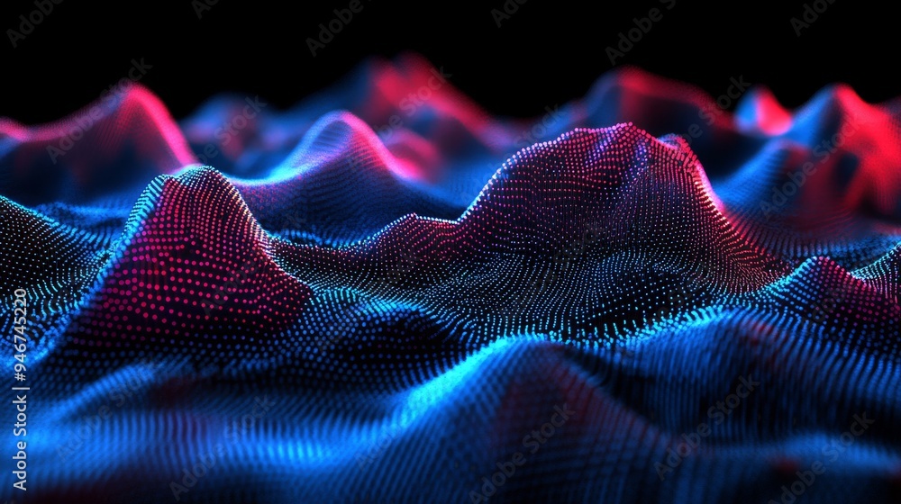 Poster Big data with compounds. Musical wave of particles. Low poly mesh. Flow. Wave. 3D rendering. Abstract digital background with cybernetic particles. Plexus geometric effect.