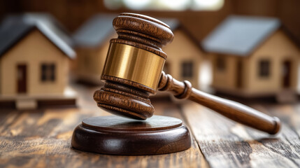 Law hammer and wooden country houses models. Concept of judge auction, real estate and real estate law. 