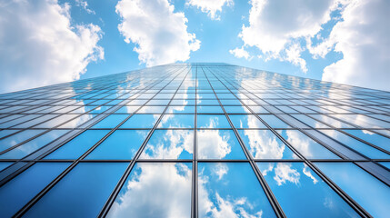 Reflective business office building. The window glass of skyscraper reflects the blue sky and white clouds. Low angle photography of glass wall of high-rise building.