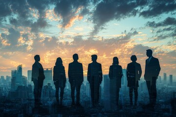 People standing in city skyline double exposure created with Generative AI