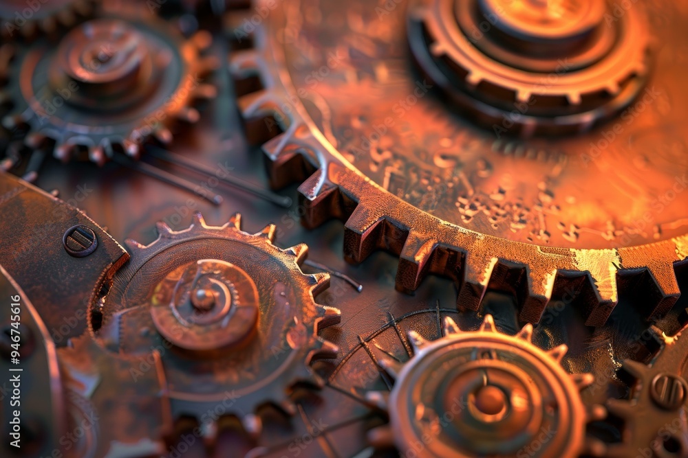 Poster close up view of a complex system of interlocking gears, showcasing the intricate workings of a mach
