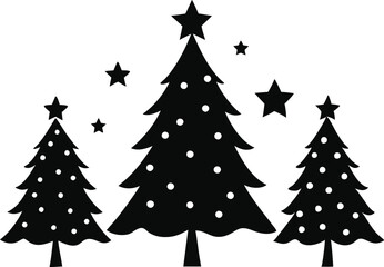 Fototapeta premium Christmas tree icons, silhouettes in black color. Vintage vector icons isolated on white background. Silhouettes of Christmas trees with a stars at the top. Big set for decoration.