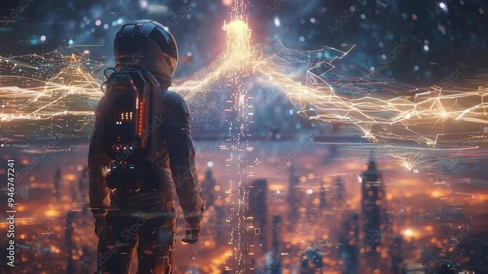Poster astronaut is analyzing financial data projected as a holographic chart with a futuristic city skylin