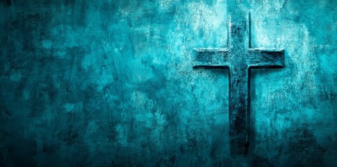 Painting of a cross in teal tones with rough painted effects, background with copy space ready to be filled with words: scripture, worship lyrics, quotes, etc.