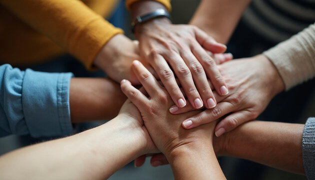 A group of people's hands stacked together, showing unity and teamwork