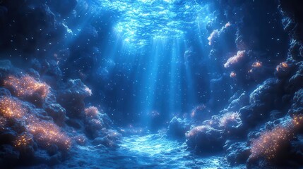 Fototapeta premium underwater scene with diverse marine life and coral reefs bathed in ethereal blue light bioluminescent creatures and swirling currents create a magical otherworldly ecosystem