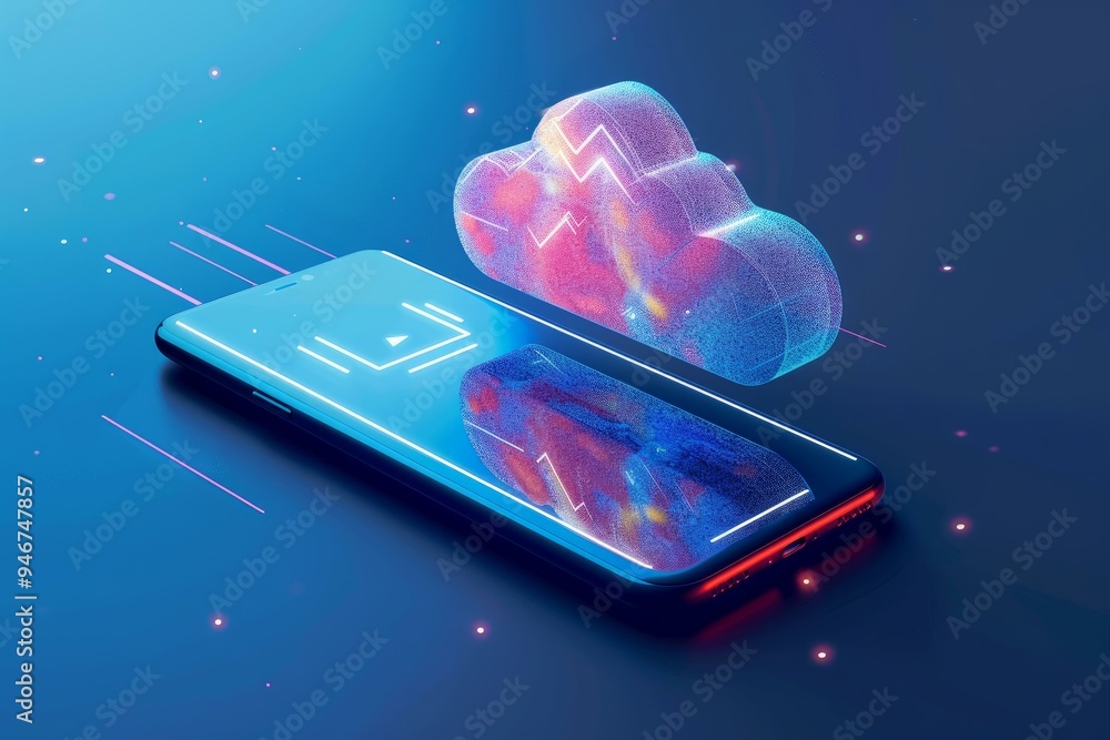 Poster smartphone is receiving data from a cloud computing system with a futuristic design