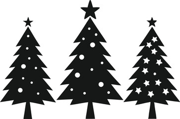 Christmas tree icons, silhouettes in black color. Vintage vector icons isolated on white background. Silhouettes of Christmas trees with a stars at the top. Big set for decoration.