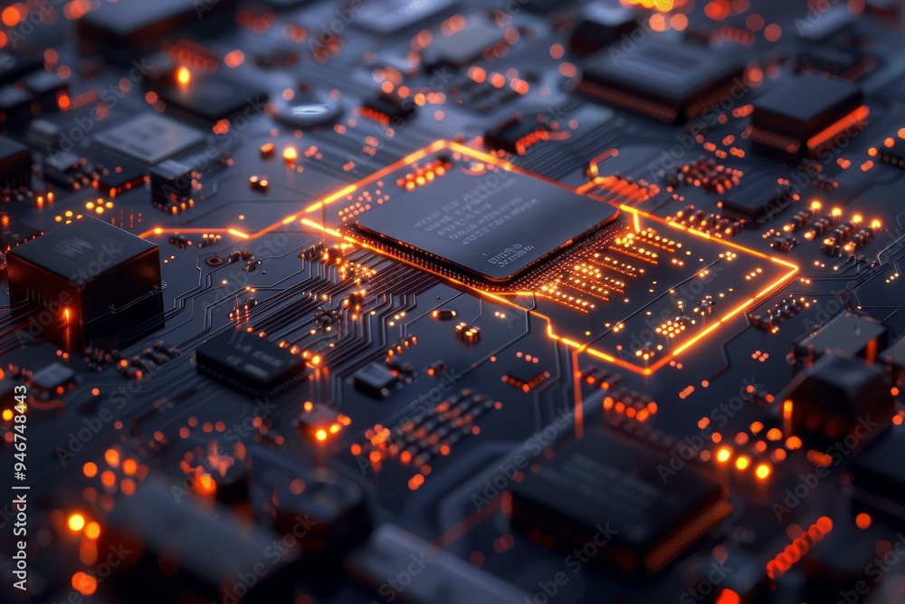 Poster complex electronic circuit board cpu microchip processing data is the future of technology