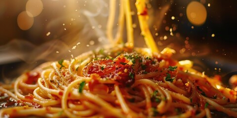 Al dente spaghetti tossed in a fragrant bacon oil sauce with dried chili