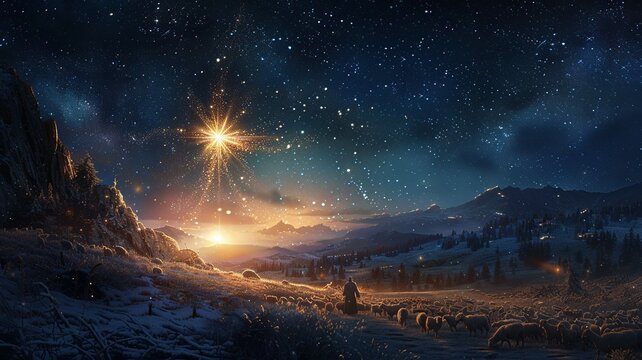 This enchanting scene depicts a radiant Christmas star illuminating an open field where shepherds gather, gazing at the heavenly light above, with constellations enhancing the magic of the night sky.