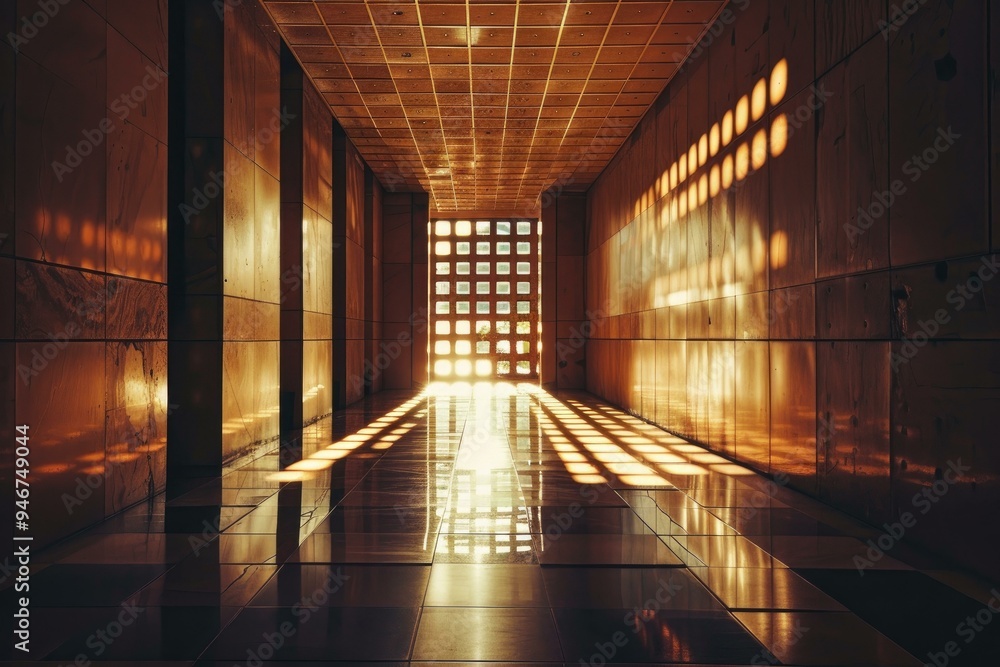 Poster sunlight shining through a square window at the end of an empty corridor with reflections on the flo