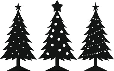 Christmas tree icons, silhouettes in black color. Vintage vector icons isolated on white background. Silhouettes of Christmas trees with a stars at the top. Big set for decoration.
