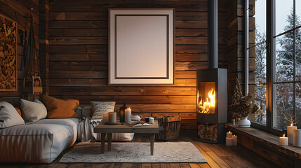 An elegant log cabin living room at dusk with warm fireplace lighting and an empty white mockup frame on a textured wooden wall