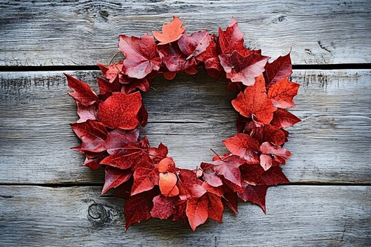 Cozy autumn wreath with vibrant red leaves on rustic wood, creating warm, inviting atmosphere - Powered by Adobe