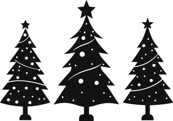 Obraz premium Christmas tree icons, silhouettes in black color. Vintage vector icons isolated on white background. Silhouettes of Christmas trees with a stars at the top. Big set for decoration.