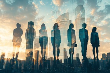Fototapeta premium People standing in city skyline double exposure created with Generative AI