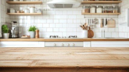 Background of blurry wooden table on a blurry kitchen bench. Empty wooden table and blurred kitchen bench