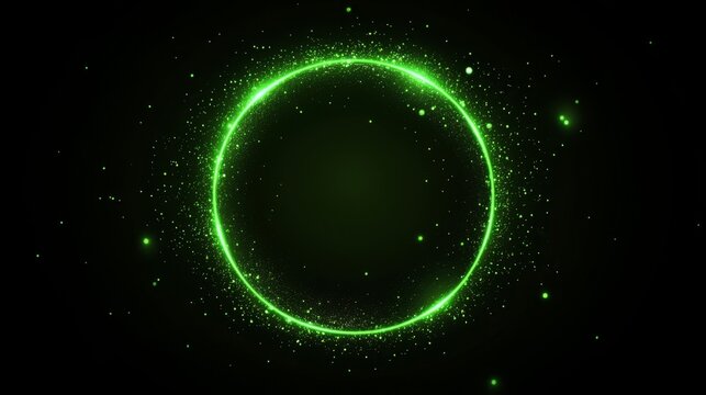 A neon glow and energy sparkles. Modern realistic illustration with a circle frame of a spinning swirl with green sparks and blurry edges.