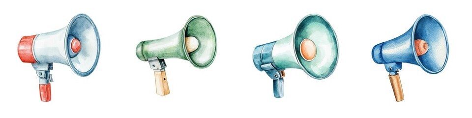 A collection of colorful megaphones arranged in a row, symbolizing communication and announcement concepts.
