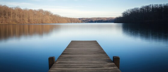 Wooden Dock Extending into Calm Lake Water Surrounded by Trees