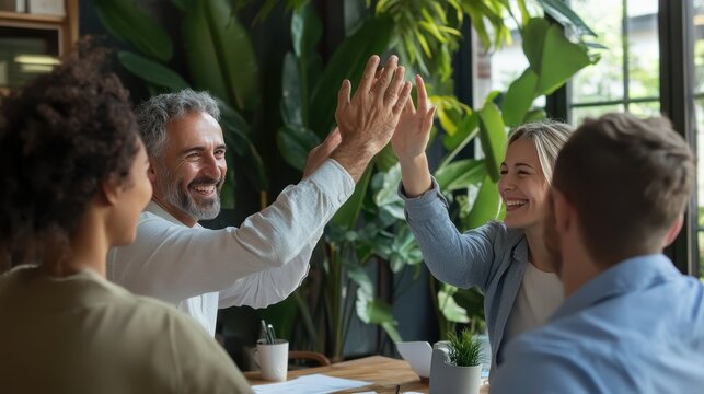 A group of diverse business professionals joyfully celebrates their achievements during a meeting in a vibrant green office space