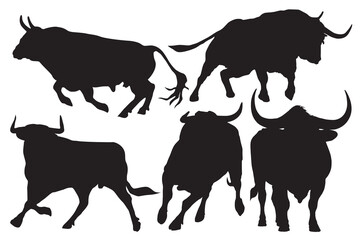Black silhouette bull financial icons. Isolated on white background. Angry running bull icon illustration. Domestic animal. Buffalo collection. Farm animal. Spanish Bull & Ox vector illustration.
