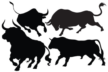 Black silhouette bull financial icons. Isolated on white background. Angry running bull icon illustration. Domestic animal. Buffalo collection. Farm animal. Spanish Bull & Ox vector illustration.