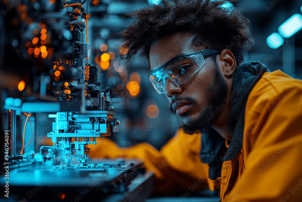 Aufkleber an electronics technician assembling a 3d printer from components, illustrating the diy approach and