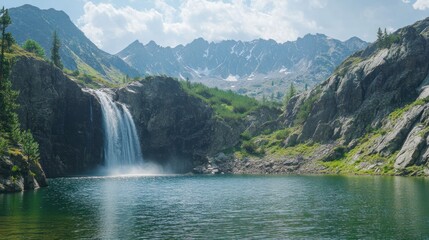 Waterfall cascading into a mountain lake