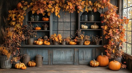 warm autumn scene with golden leaves pumpkins and rustic wooden elements arranged in a cozy harvest tableau