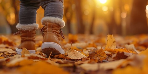 Child in boots walking on autumn leaves. Autumn season and outdoor activity concept.