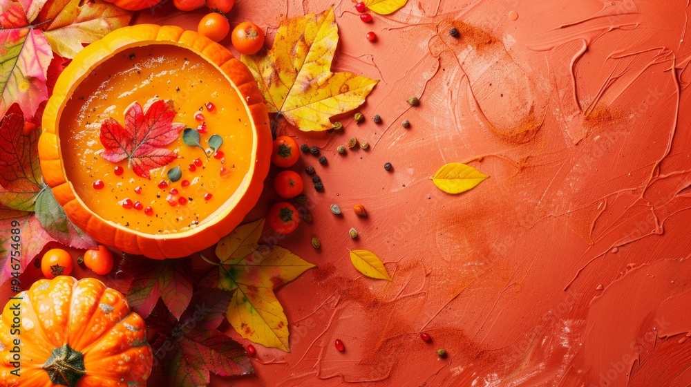 Wall mural pumpkin soup in a pumpkin top view.