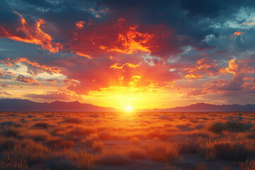 A vibrant sunset over a desert landscape with rich hues of orange and red, capturing the dramatic beauty of arid environments. Concept of desert landscapes and sunset views.
