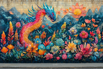 Fototapeta premium A vibrant street mural depicting an elaborate fantasy scene with mythical creatures, highlighting the artistic expression in urban environments.