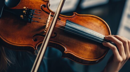 Fototapeta premium A musician tuning a violin, focusing on the fine-tuning pegs and the instrument's strings, with a music stand and notes in the background