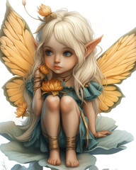 Fototapeta premium A charming cartoon fairy with butterfly wings sits among blooming flowers in a fantasy garden.