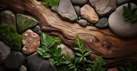 Nature inspired background with wood rocks and plants