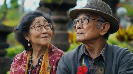 A diverse elderly couple admires the beauty of a cultural heritage site surrounded by vibrant gardens and nature's tranquility