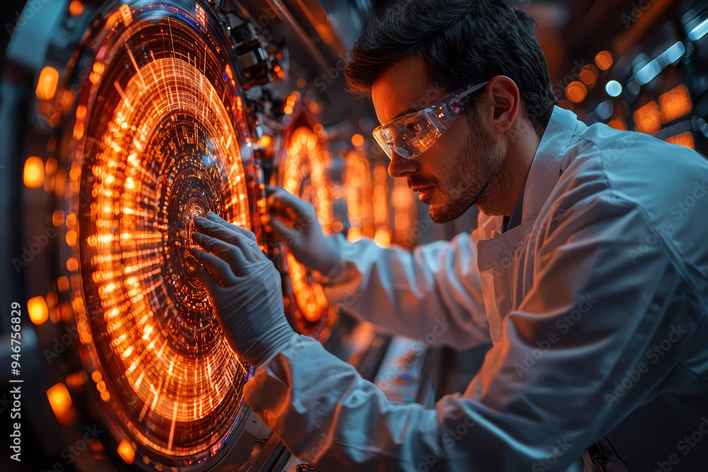 Poster a researcher operating a particle accelerator in a physics laboratory, highlighting the advanced tec