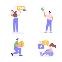Woman calling support service. User asking question in support chat. Man read user manual. Set of contact us, guide book, faq, questions, answers. Collection of vector flat illustration for banner UI