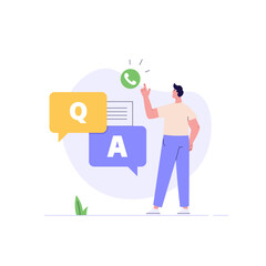 Man asking question in support chat. Customer finding answer. Concept of customer guide, support chat, faq, questions and answers. Vector illustration flat design for banner, landing page template