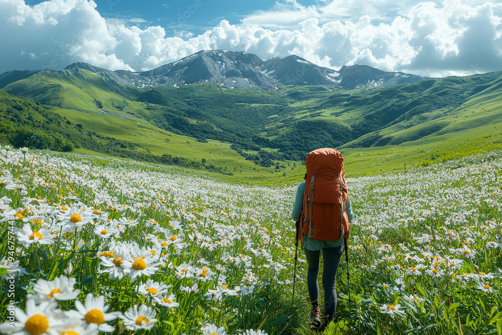 Wall mural a person hiking through a lush green valley with rolling hills and blooming wildflowers, showcasing 