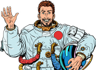 Pop Art Retro A male astronaut looks forward and waves his hand, taking off his helmet. World Day of Cosmonautics and Universe Exploration. An offer from a costume store for a holiday.