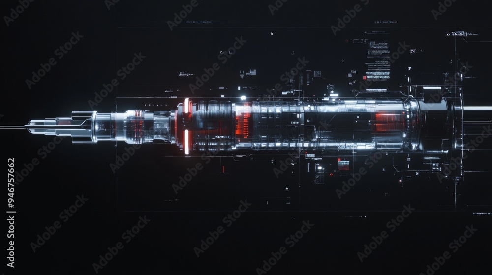 Poster a futuristic spacecraft is depicted in this high-tech image. it features sleek lines and glowing ele