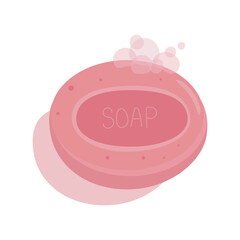 A piece of oval pink soap with soap foam. Handmade hygiene product with rose scent